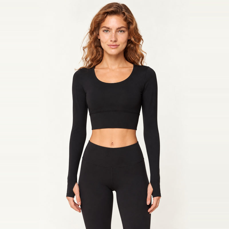 Long Sleeve Crop Top with Crisscross Open Back - Black