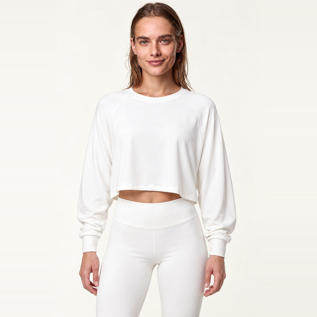 Loose Long Sleeve Crop Top with Banded Cuffs - White