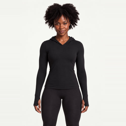 Fitted Long Sleeve Hoodie with Thumbholes - Black