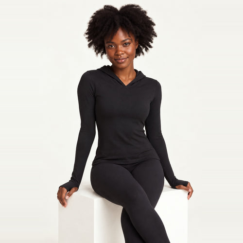 Fitted Long Sleeve Hoodie with Thumbholes - Black