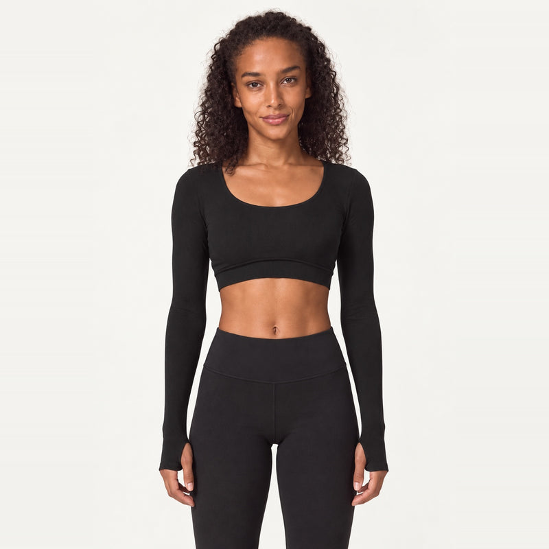 Long Sleeve Crop Top with Curved Hem - Black