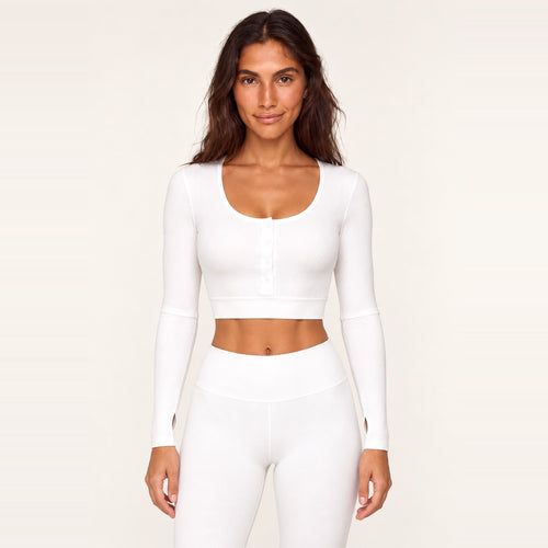 Button-Front Long Sleeve Crop Top - White