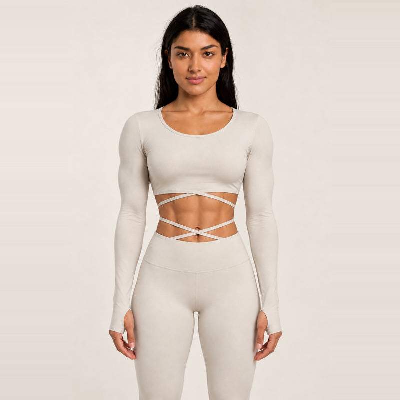 Long Sleeve Crop Top with Wraparound Ties - Ivory