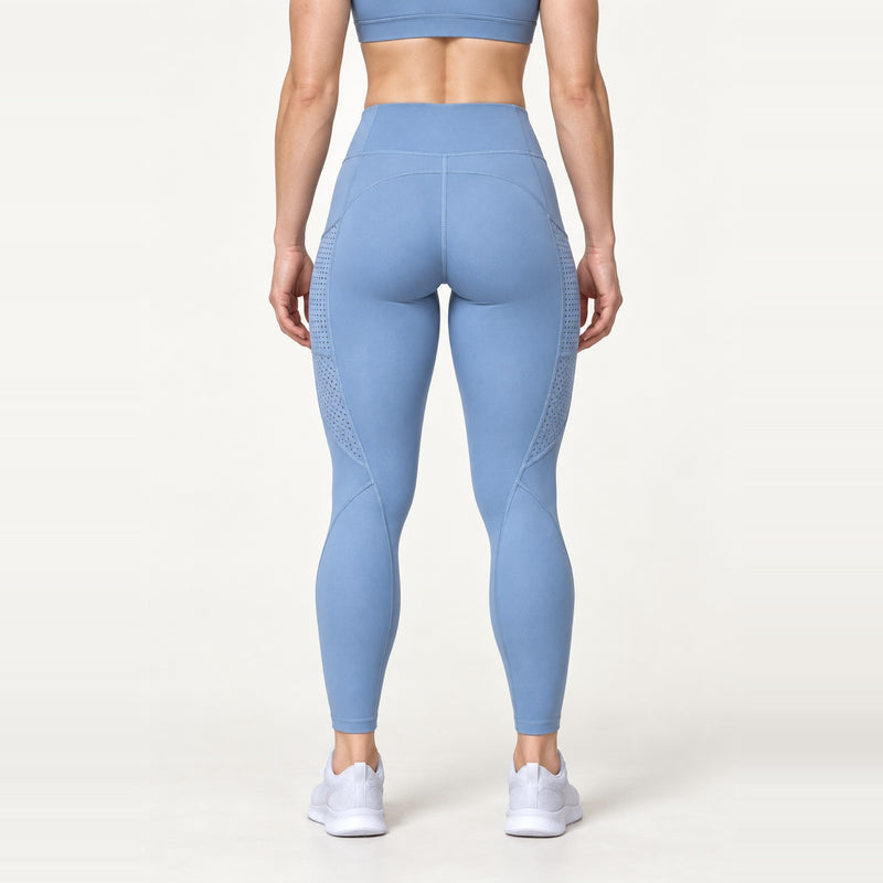 High-Waisted Leggings with Perforated Side Pockets - Dusty Blue