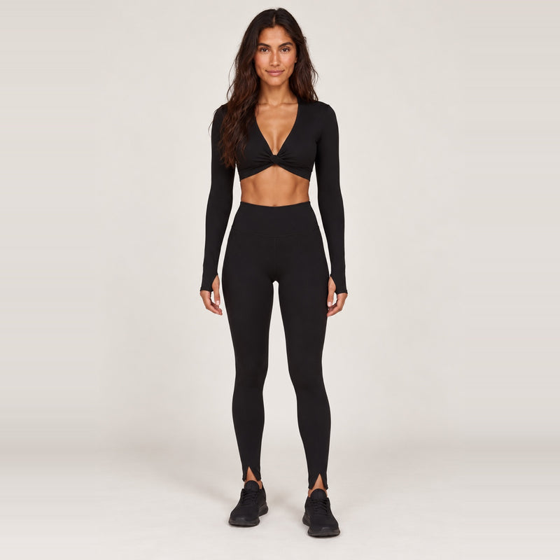 Long Sleeve Twist-Front Top and Leggings Set - Black