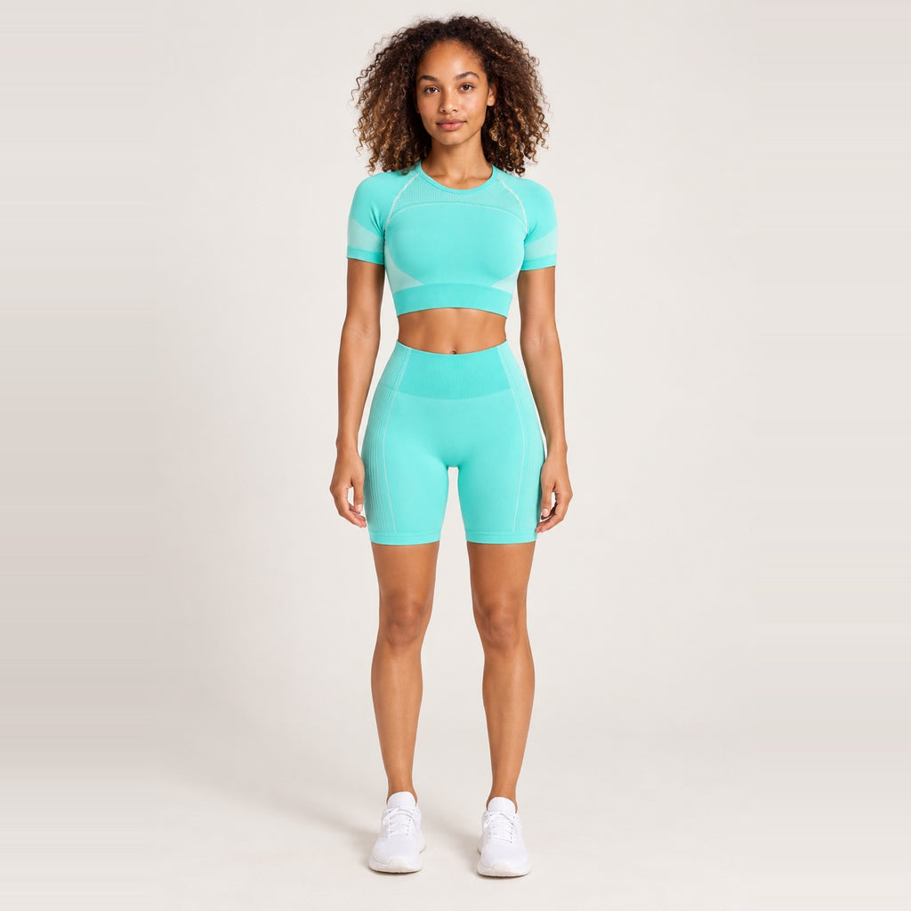 Keyhole-Back Short Sleeve Crop Top and Biker Shorts Set - Mint