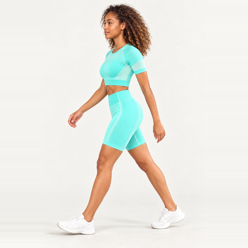 Keyhole-Back Short Sleeve Crop Top and Biker Shorts Set - Mint