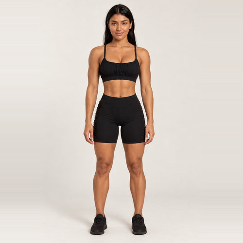 Gathered Strap Top and Biker Shorts Set - Black