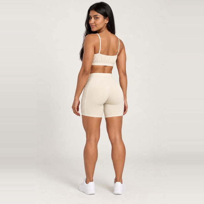 Gathered Strap Top and Biker Shorts Set - Cream