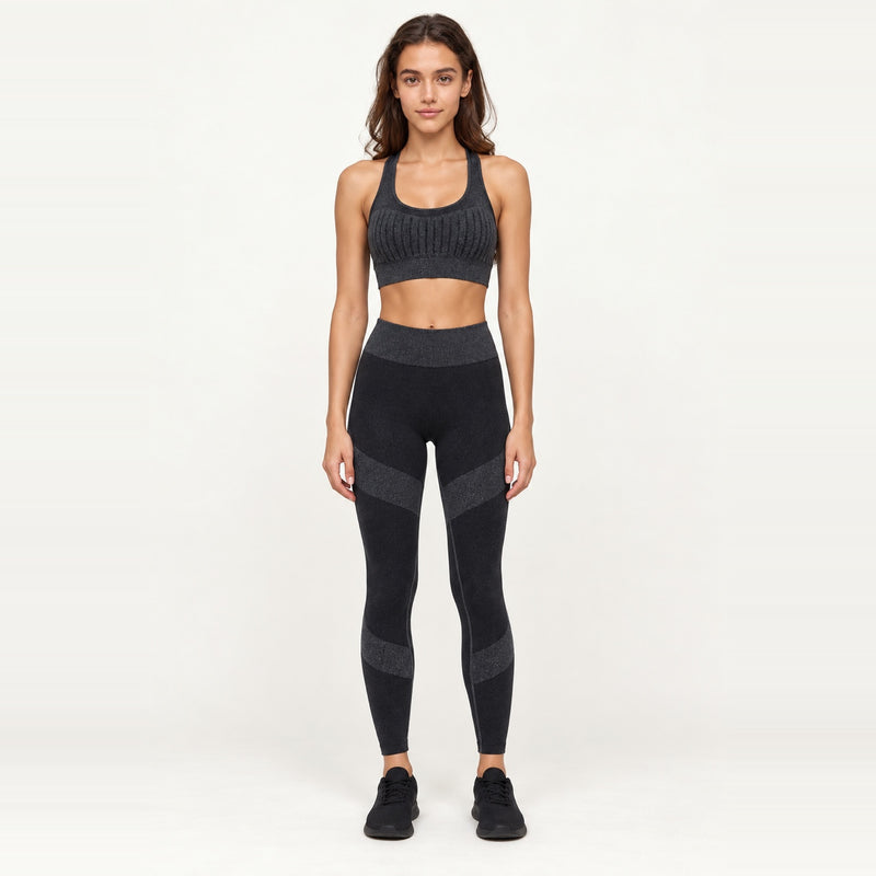 Ribbed Crop Top and Colorblock Leggings Set - Black
