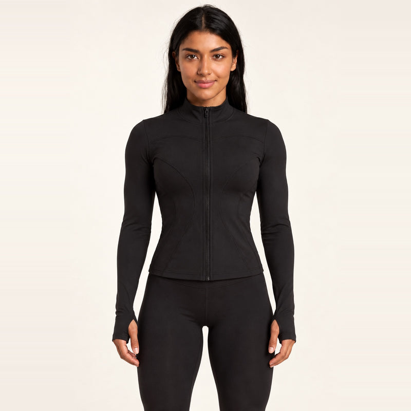 Stand-Collar Zip Jacket with Thumbholes - Black