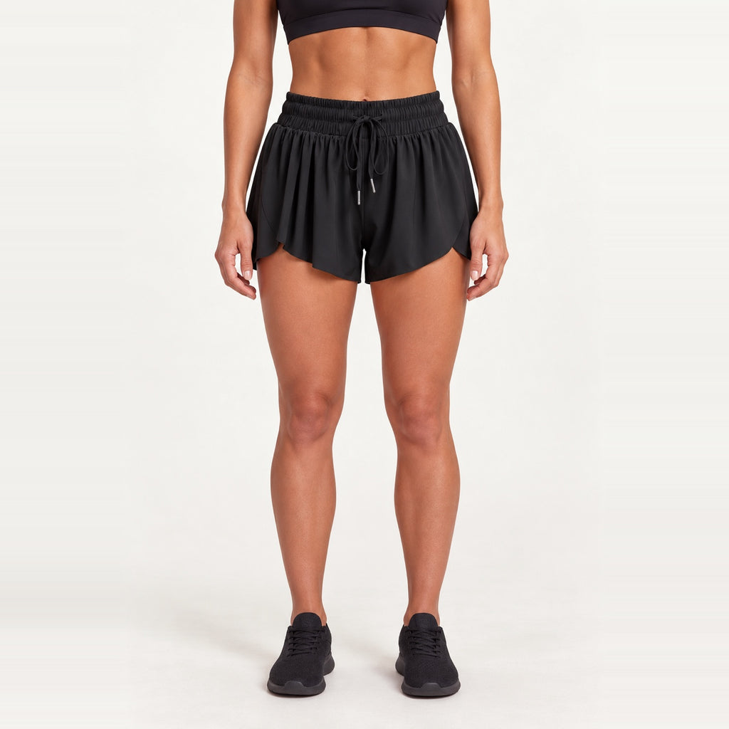 Drawstring Training Shorts with Flared Legs - Black