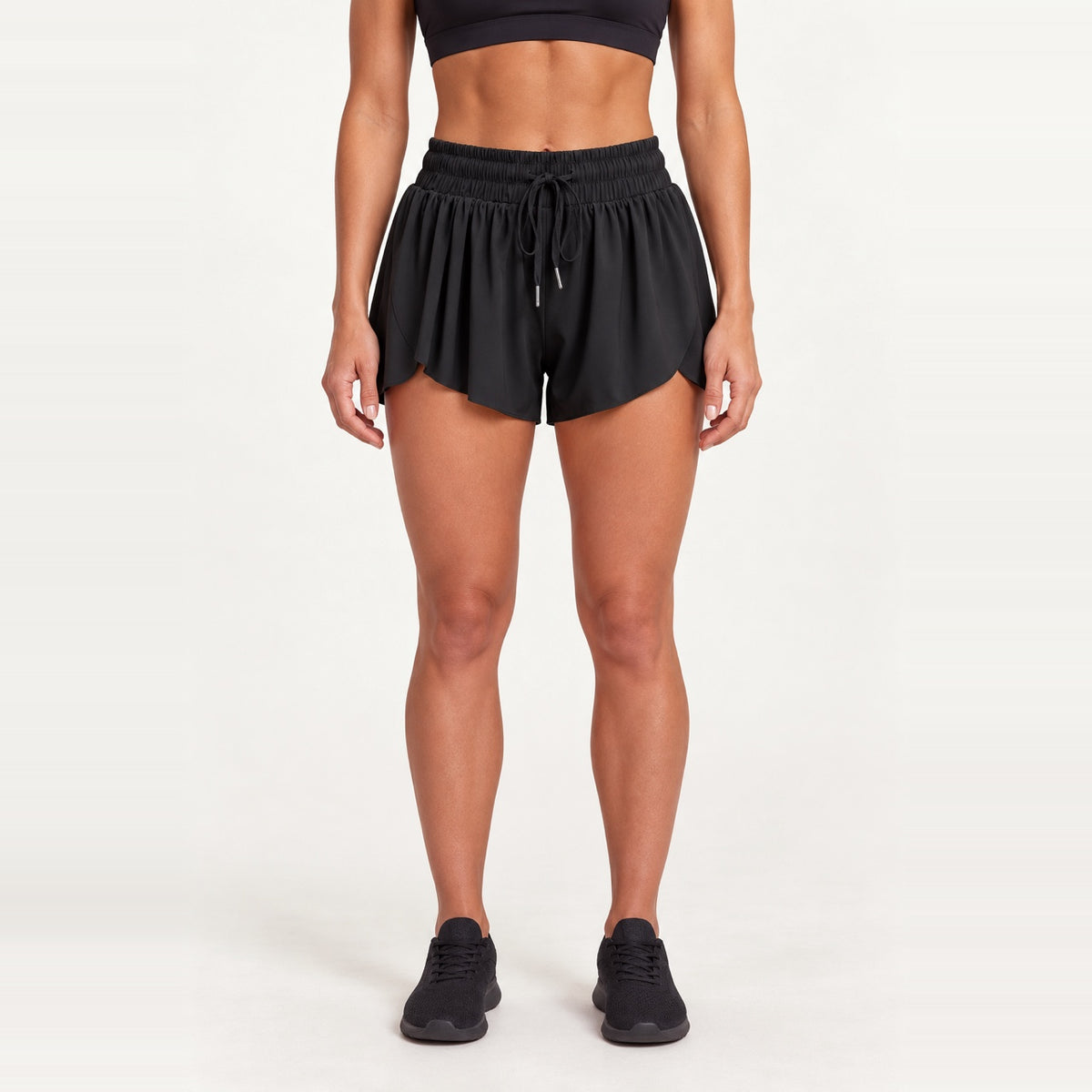 Drawstring Training Shorts with Flared Legs - Black