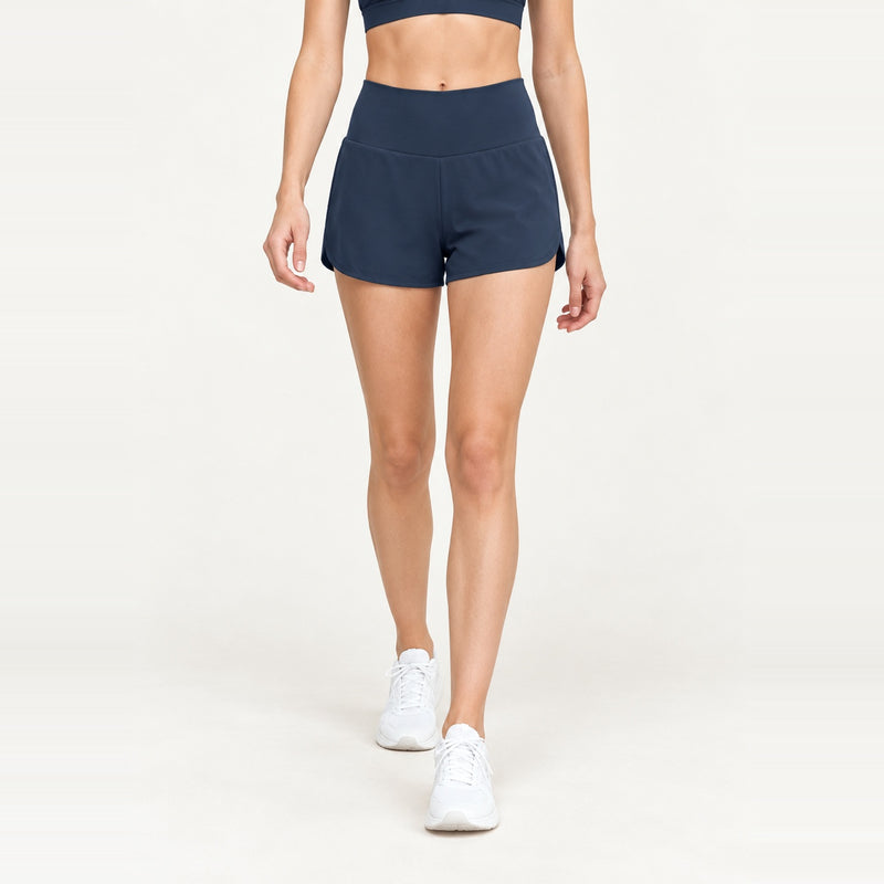High-Waisted Running Shorts with Curved Hems - Navy