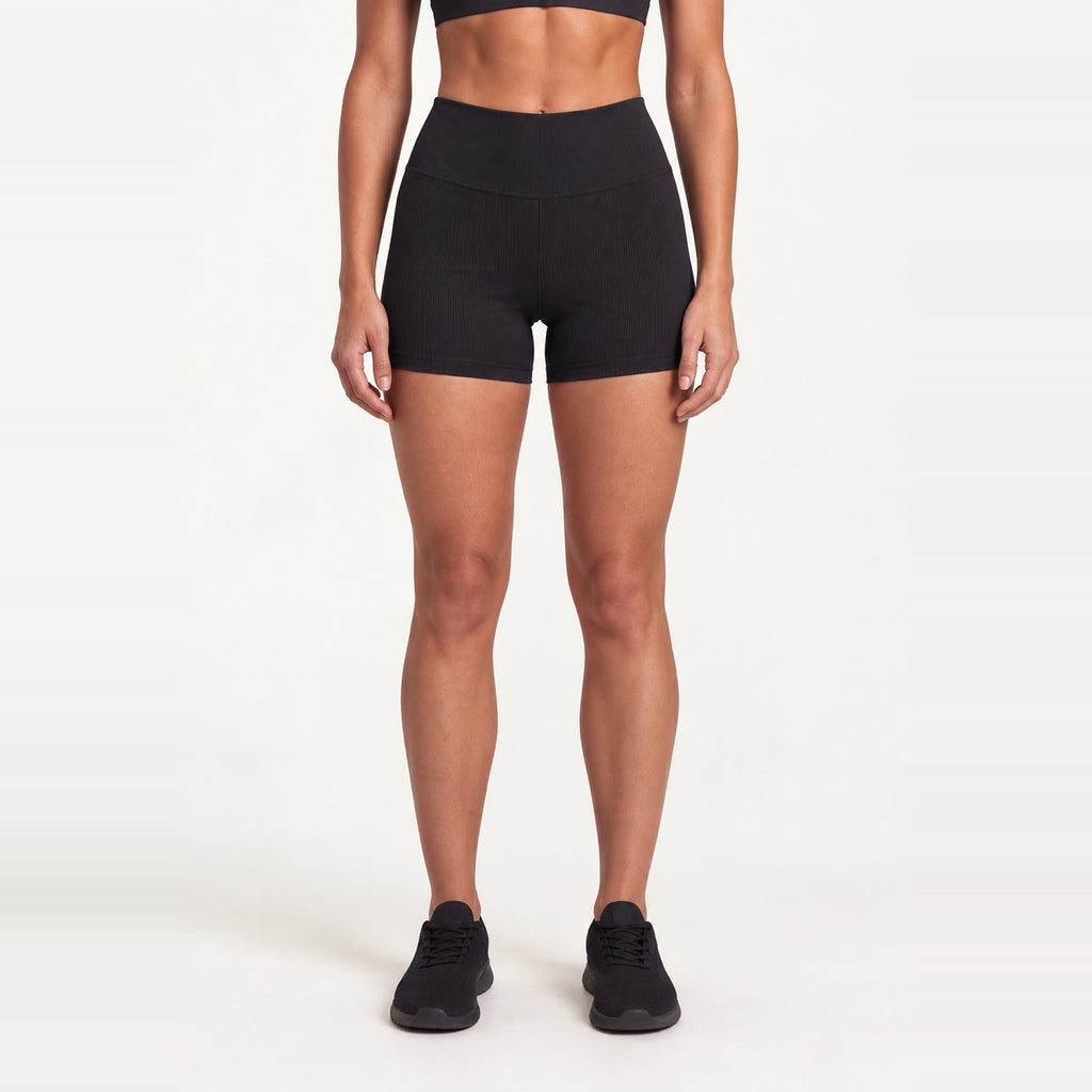 High-Waisted Ribbed Training Shorts - Black
