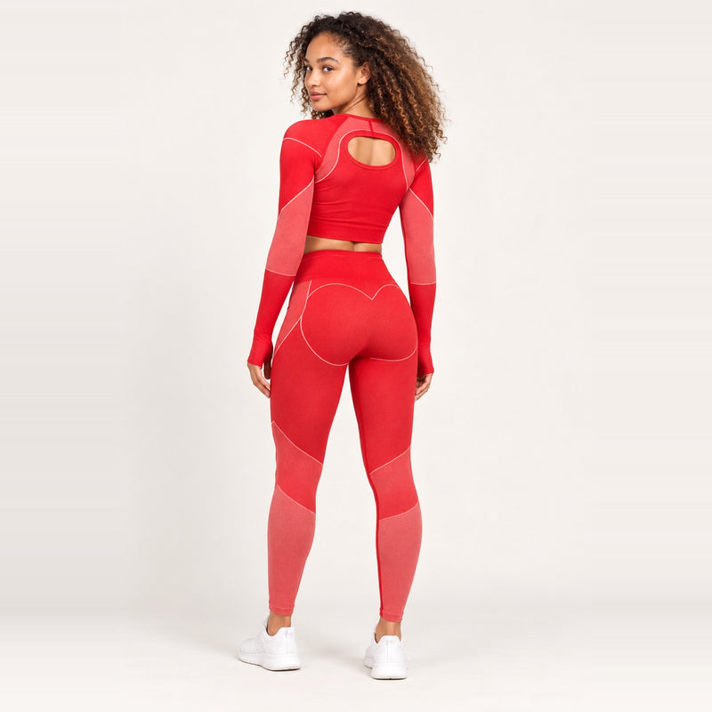 Keyhole-Back Long Sleeve Crop Top and Leggings Set - Red