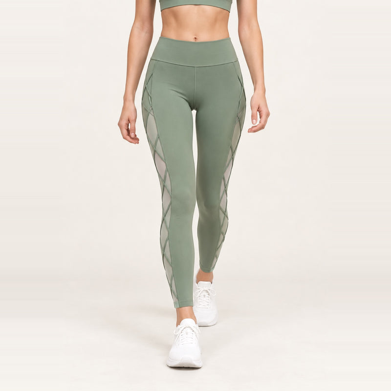 High-Waisted Leggings with Lattice Mesh Panels - Sage
