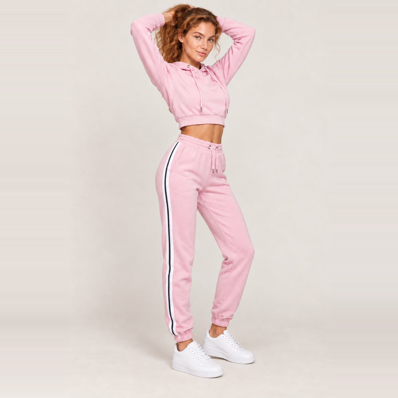 Cropped Hoodie and Side-Stripe Joggers Set - Pink