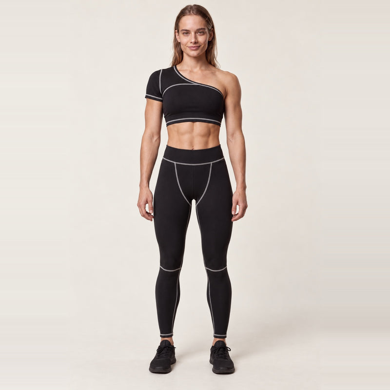 One-Shoulder Top and Contrast-Seam Leggings Set - Black