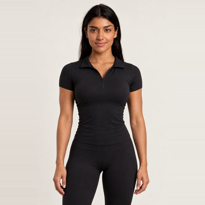Short Sleeve Half-Zip Workout Top - Black