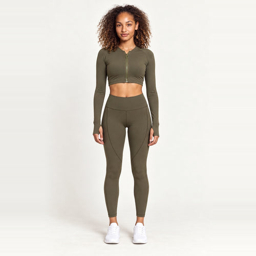 Cropped Zip-Up Jacket and Leggings Set - Olive