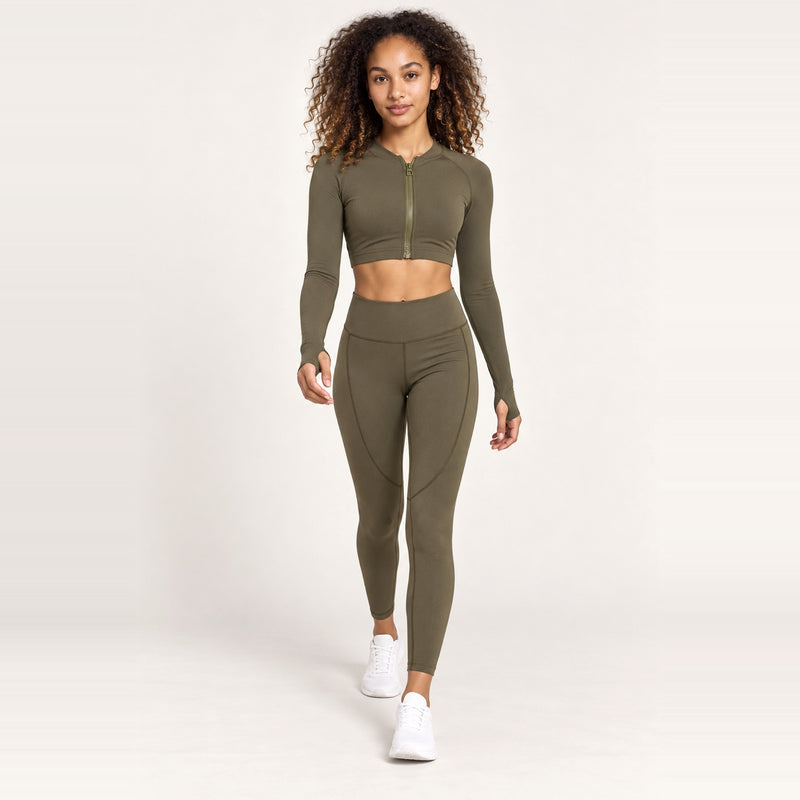 Cropped Zip-Up Jacket and Leggings Set - Olive