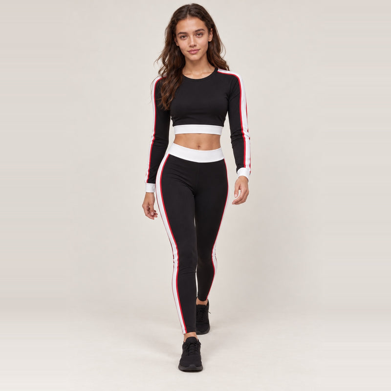 Contrast-Stripe Crop Top and Leggings Set - Black