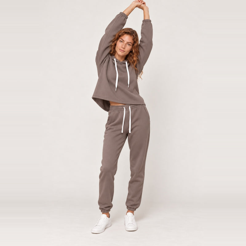 Cropped Hoodie and Drawstring Joggers Set - Taupe