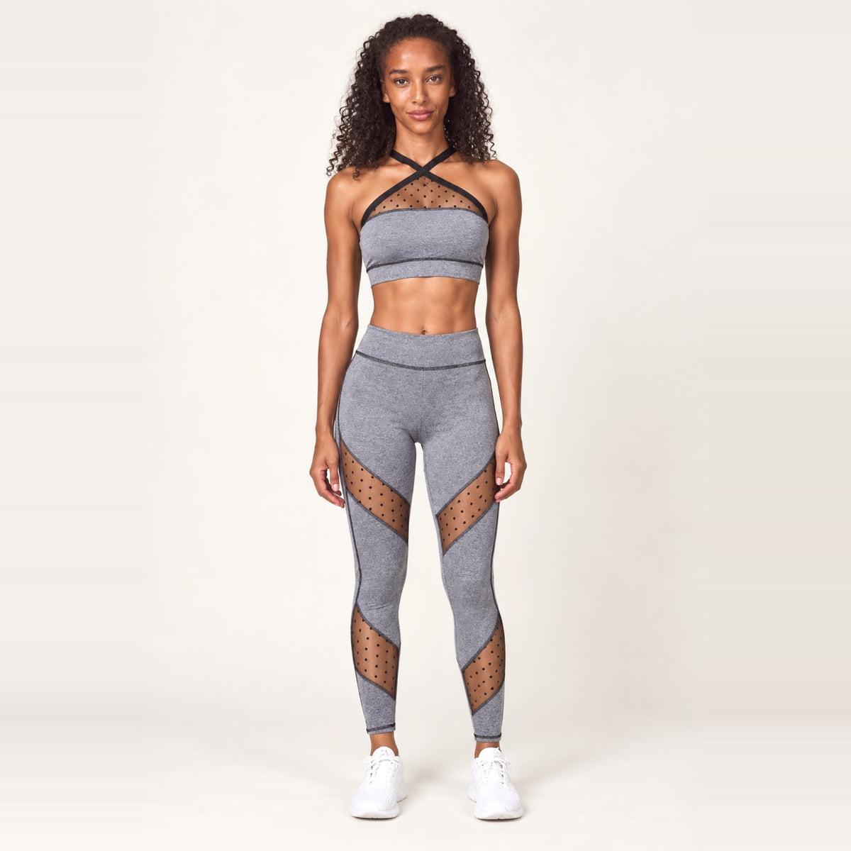 Cross-Strap Mesh Bra and Leggings Set - Gray