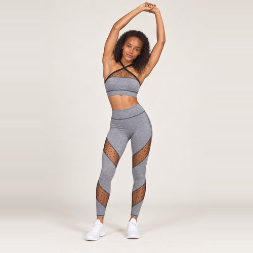Cross-Strap Mesh Bra and Leggings Set - Gray