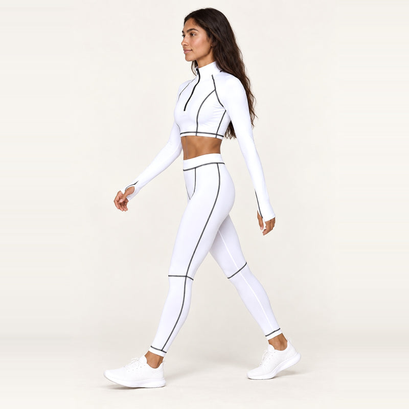 Contrast-Seam Half-Zip Top and Leggings Set - White