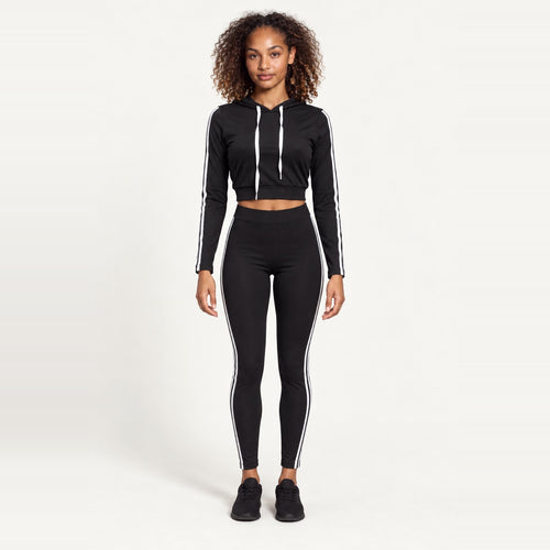 Cropped Zip-Up Hoodie and Striped Pants Set - Black