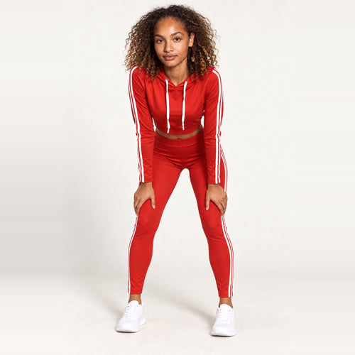 Cropped Zip-Up Hoodie and Striped Pants Set - Coral