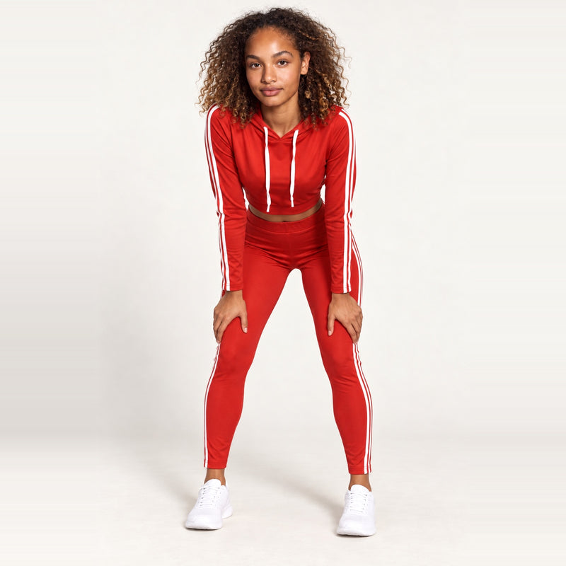 Cropped Zip-Up Hoodie and Striped Pants Set - Coral
