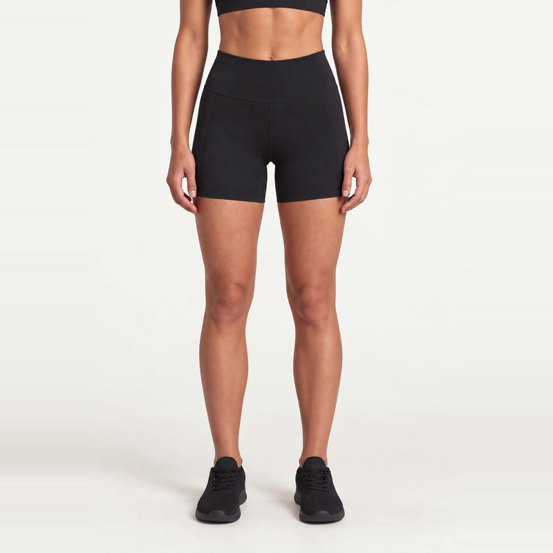 Paneled Mid-Thigh Biker Shorts with Wide Waistband - Black