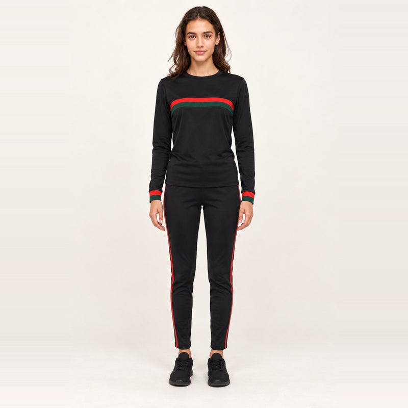 Hooded Top and Pants Set with Contrast Stripes - Black