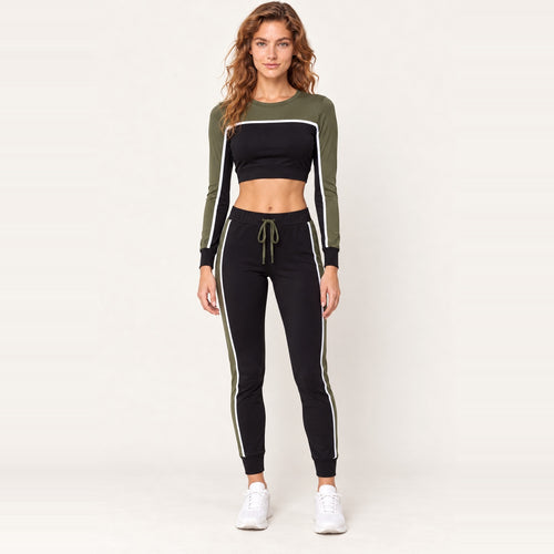 Colorblock Long Sleeve Crop Top and Joggers Set - Olive