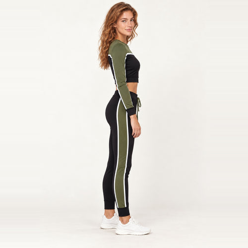 Colorblock Long Sleeve Crop Top and Joggers Set - Olive