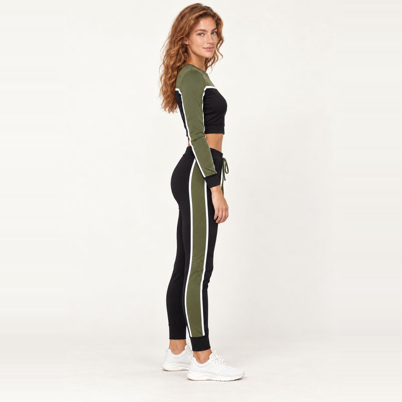 Colorblock Long Sleeve Crop Top and Joggers Set - Olive