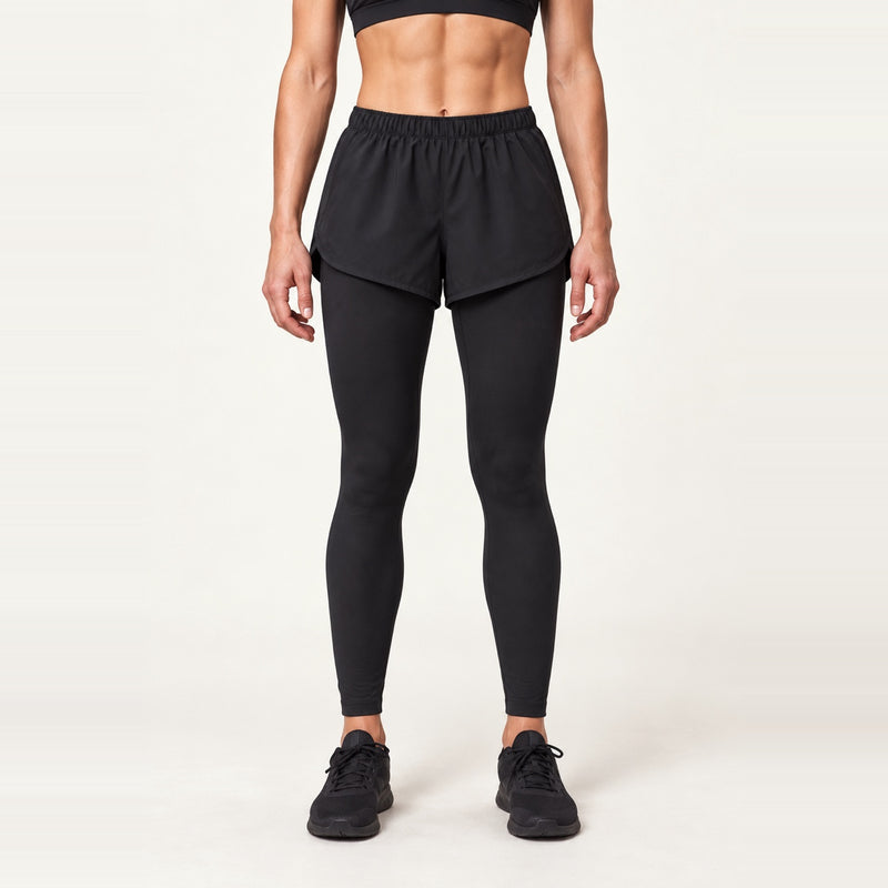 Layered Pocket Shorts with Full-Length Leggings - Black