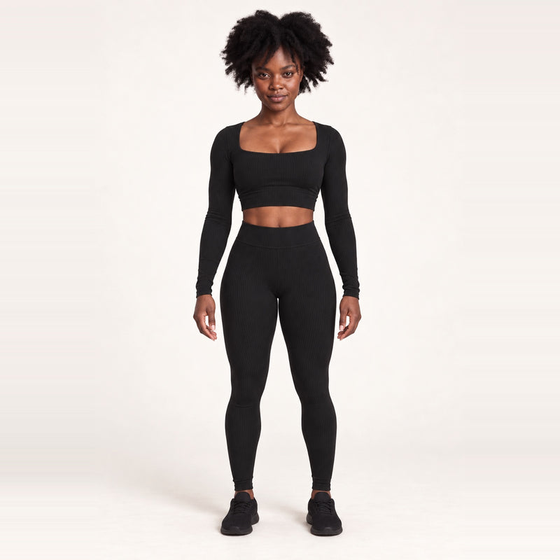 Square-Neck Long Sleeve Crop Top and Leggings Set - Black