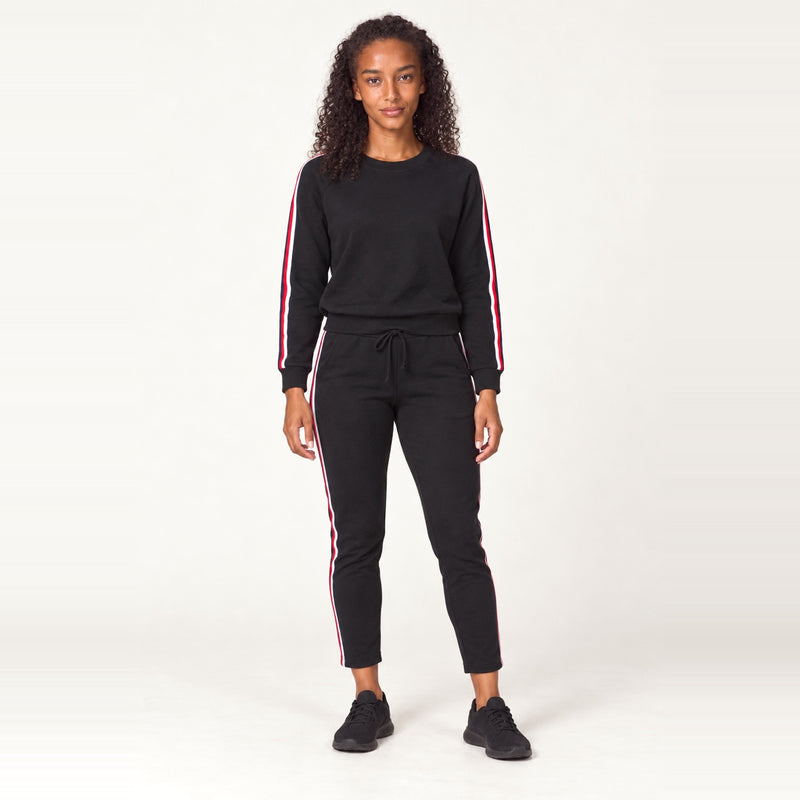 Long Sleeve Top and Side-Stripe Joggers Set - Black