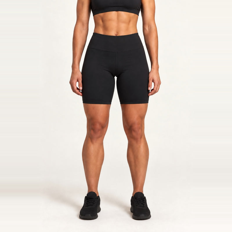 Wide-Waistband Mid-Thigh Biker Shorts - Black