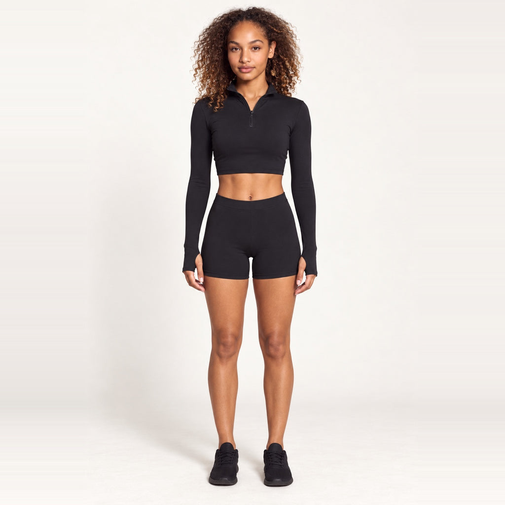 Quarter-Zip Crop Top and Fitted Shorts Set - Black