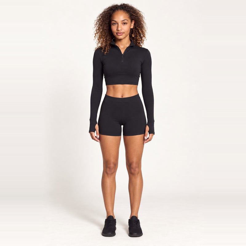 Quarter-Zip Crop Top and Fitted Shorts Set - Black
