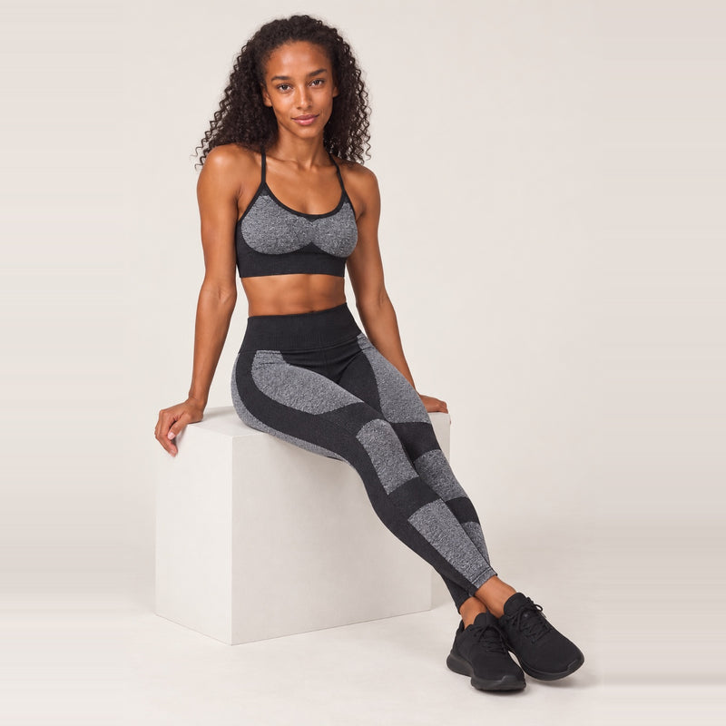 Cross-Back Sports Bra and Heathered-Panel Leggings Set - Black