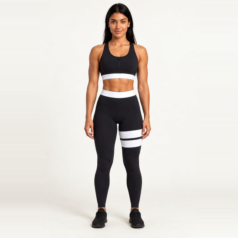 Zip-Front Sports Bra and Contrast-Stripe Leggings Set - Black