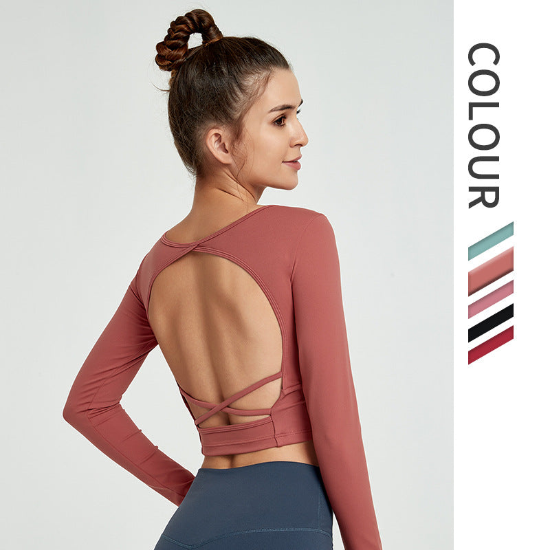 Long Sleeve Crop Top with Cross-Strap Open Back - Dusty Rose