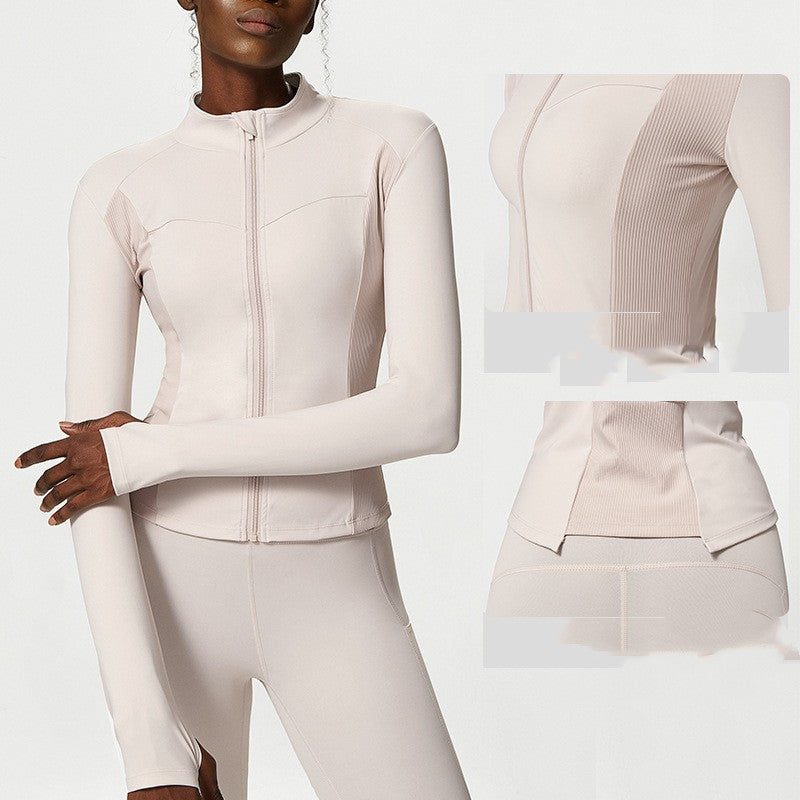 Stand-Collar Zip-Up Workout Jacket with Thumbholes - Ivory