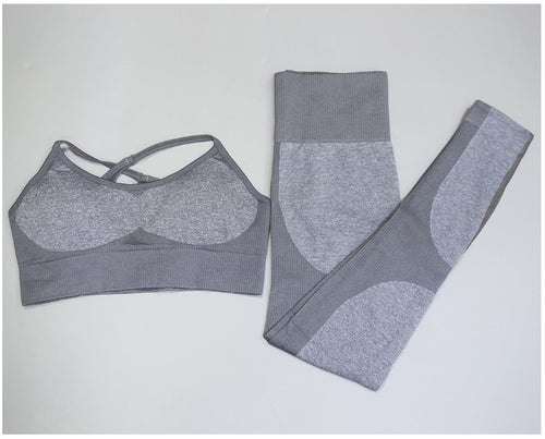 Cross-Back Sports Bra and Heathered-Panel Leggings Set - Gray